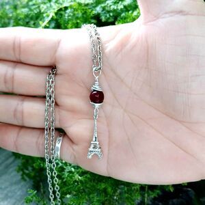 Dainty Garnet Crystal Choker Necklace, Minimalist Gemstone Eiffel Tower Jewelry